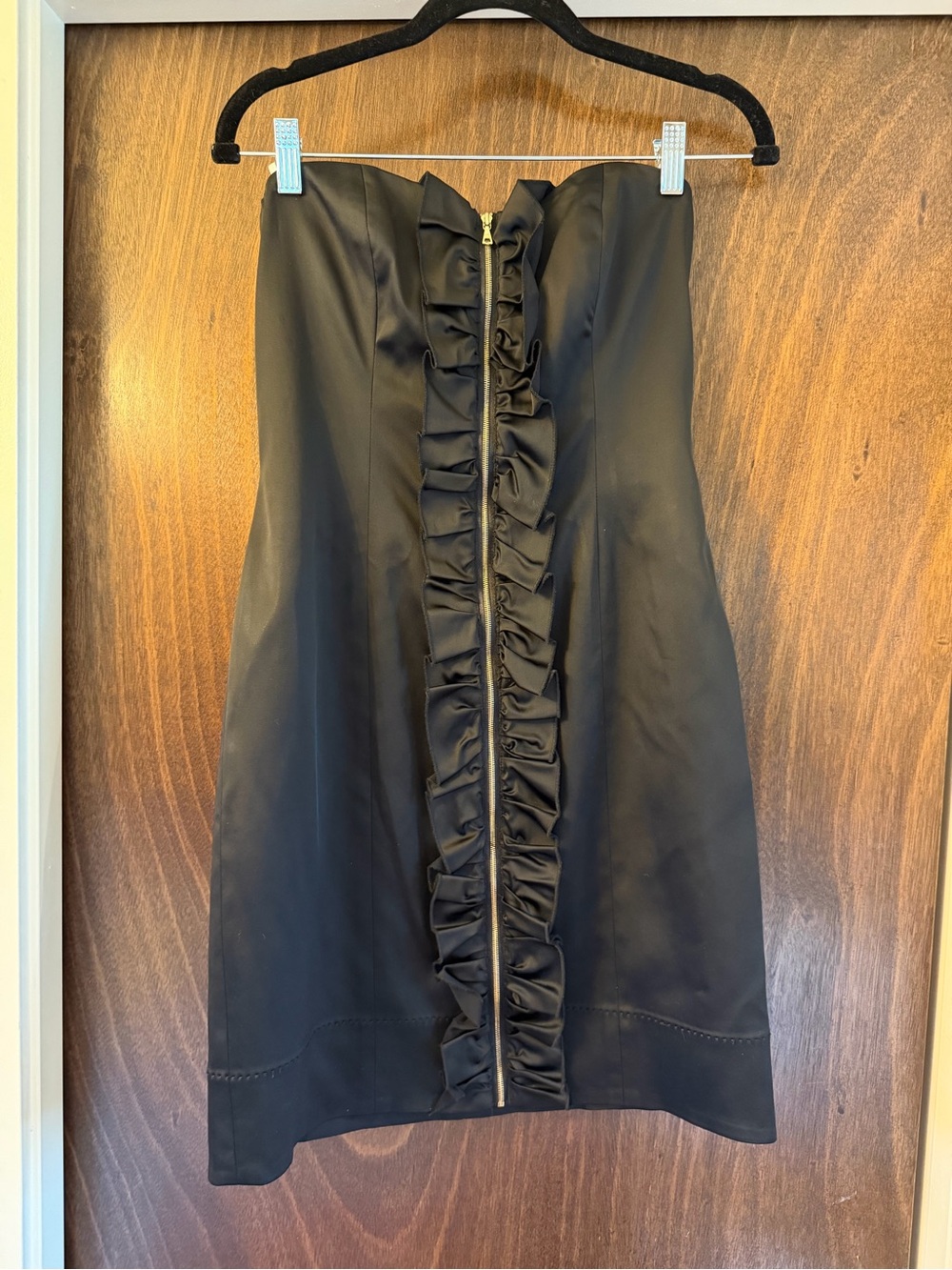 Phoebe Couture Strapless Black Cocktail Dress, Front Zip + Ruffle, Size 6